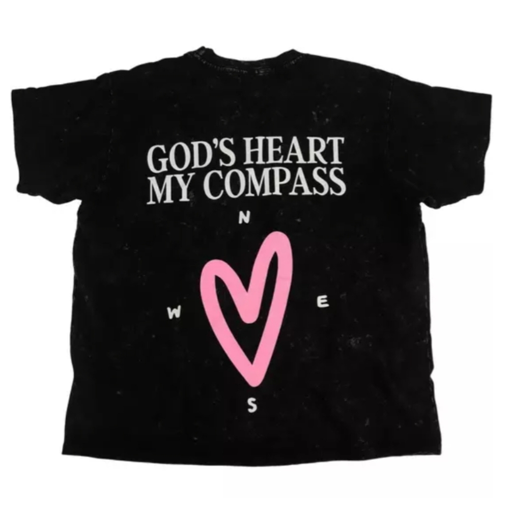 ASSORTED SIZES:God's Heart My Compass Black Vintage Acid Wash T-Shirt-NWT - Picture 2 of 5